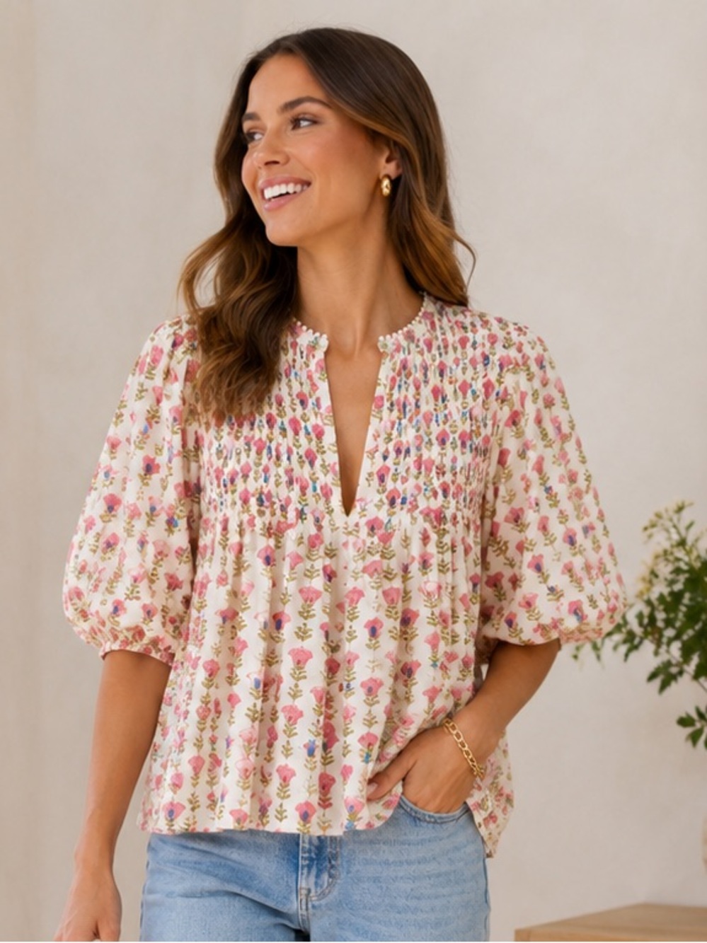 Saylor Cherry Blossom Jiby Blouse XS Pink Floral Smocked Cottagecore Boho